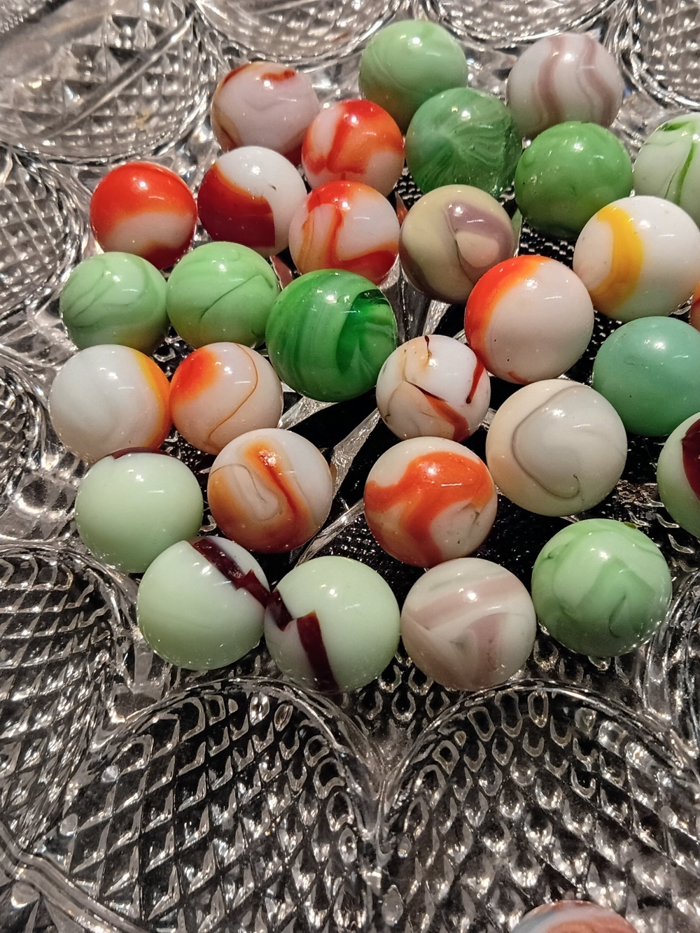 Green and Orange Swirled Glass Marbles - Decorative Art Set